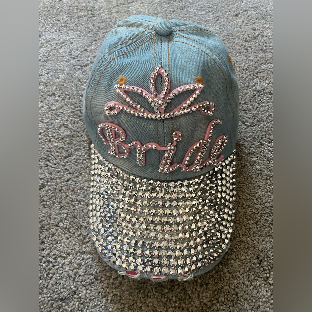 100% Cotton Distressed Rhinestone Light Blue Denim Bride Adjustable Cap